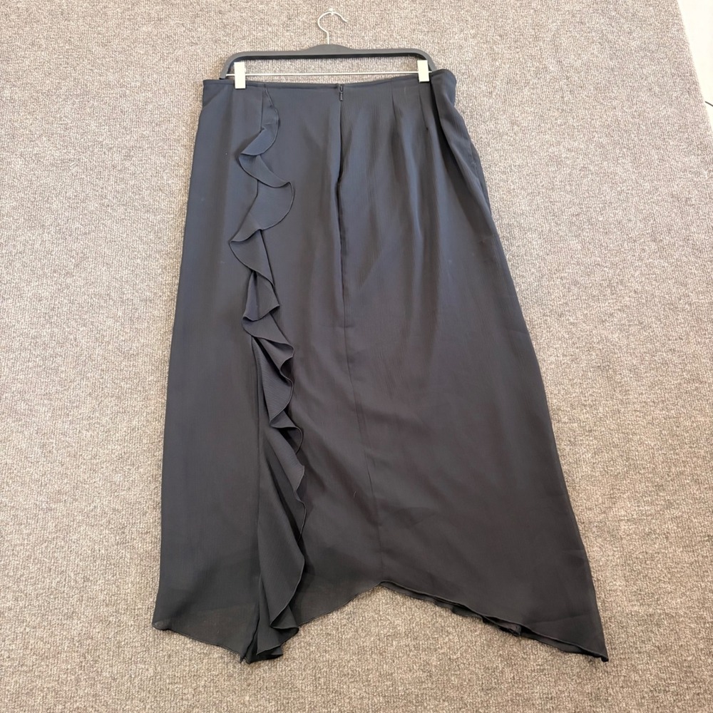 Black Ruffle Front Maxi Skirt Asymmetrical Handkerchief Hem Sheer Overlay Sz 14 - Picture 5 of 10